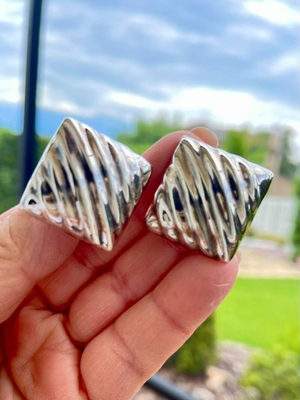 Vintage Alpaca Mexico Ribbed Square Stud Earrings Hollow Geometric - Picture 2 of 5